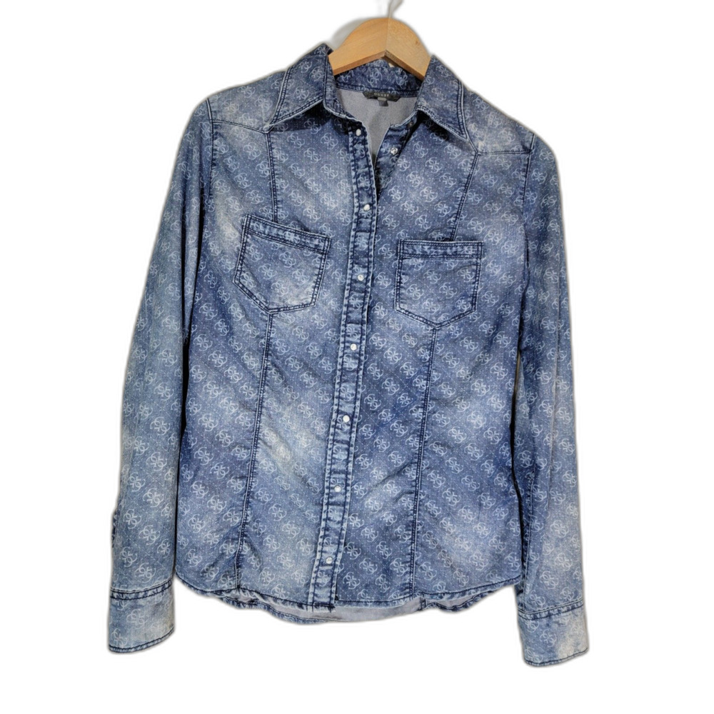 Guess Women's AOP All Over Print Long Sleeve Demin Jean Shirt - Small